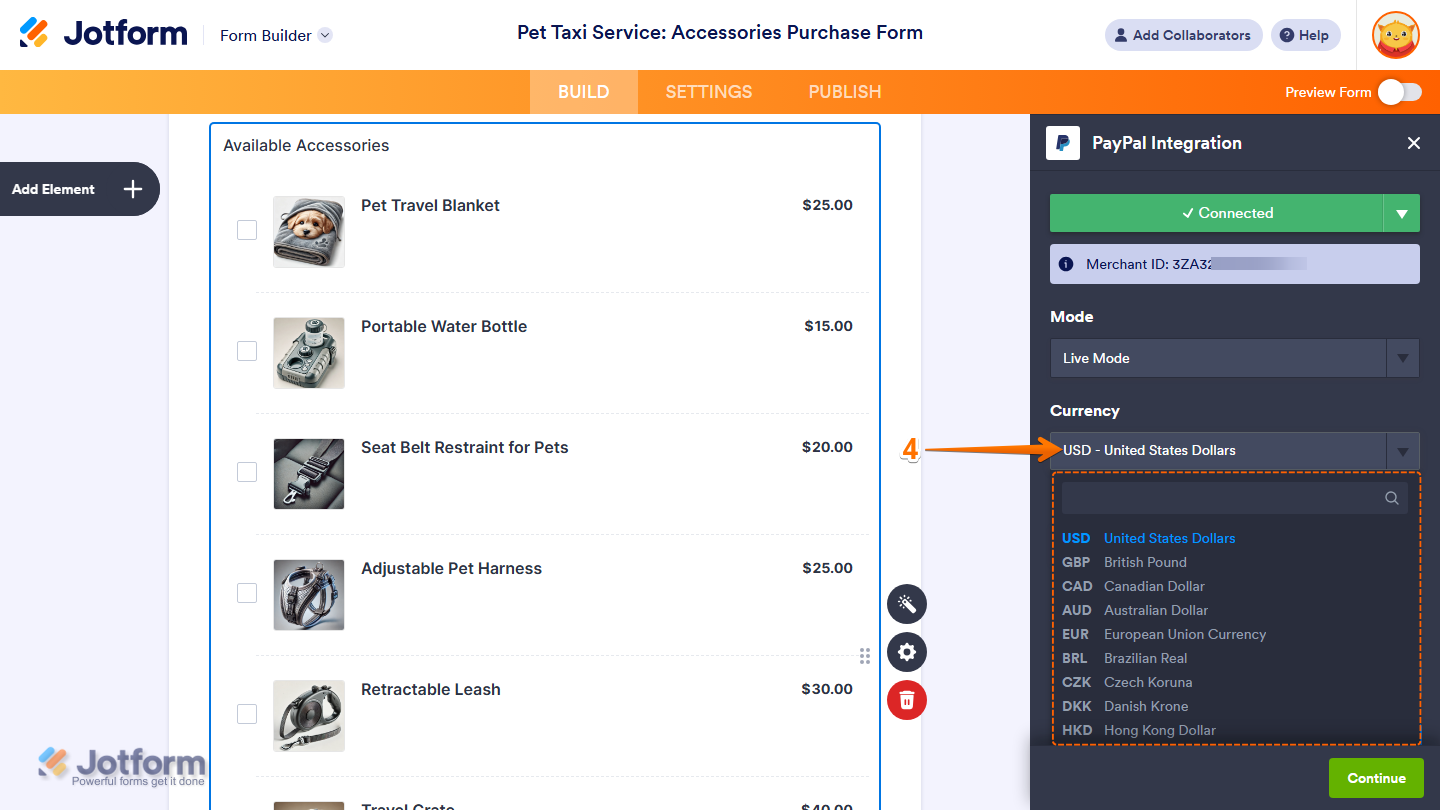 Currency Dropdown menu of the Payment Gateway Integration window in Jotform Form Builder
