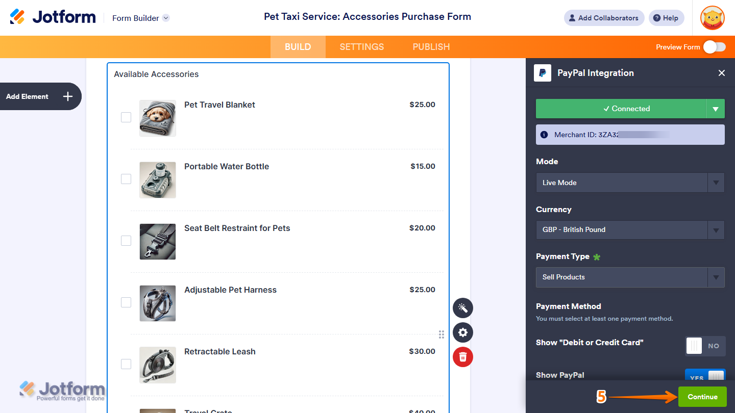 Continue button of the Payment Gateway Integration window in Jotform Form Builder