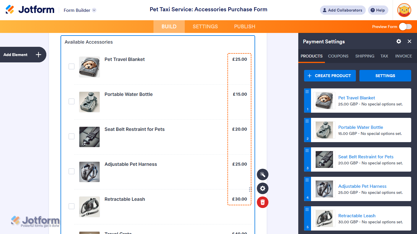 New currency set for the form payment field in Jotform Form Builder