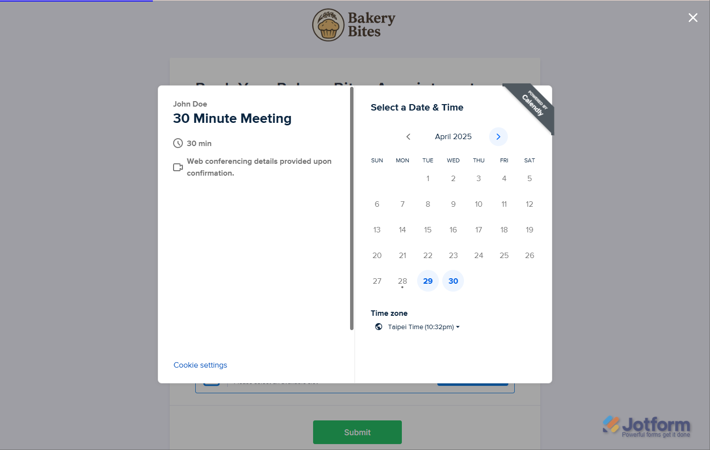 Calendly event calendar opens after clicking Select Date and Time in Jotform