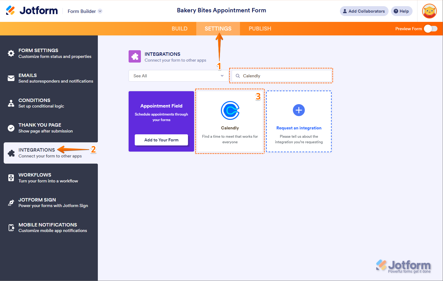 Haz clic en Configuración en la barra de navegación superior, ve a Integraciones, luego busca y selecciona Calendly en el Creador de Formularios
