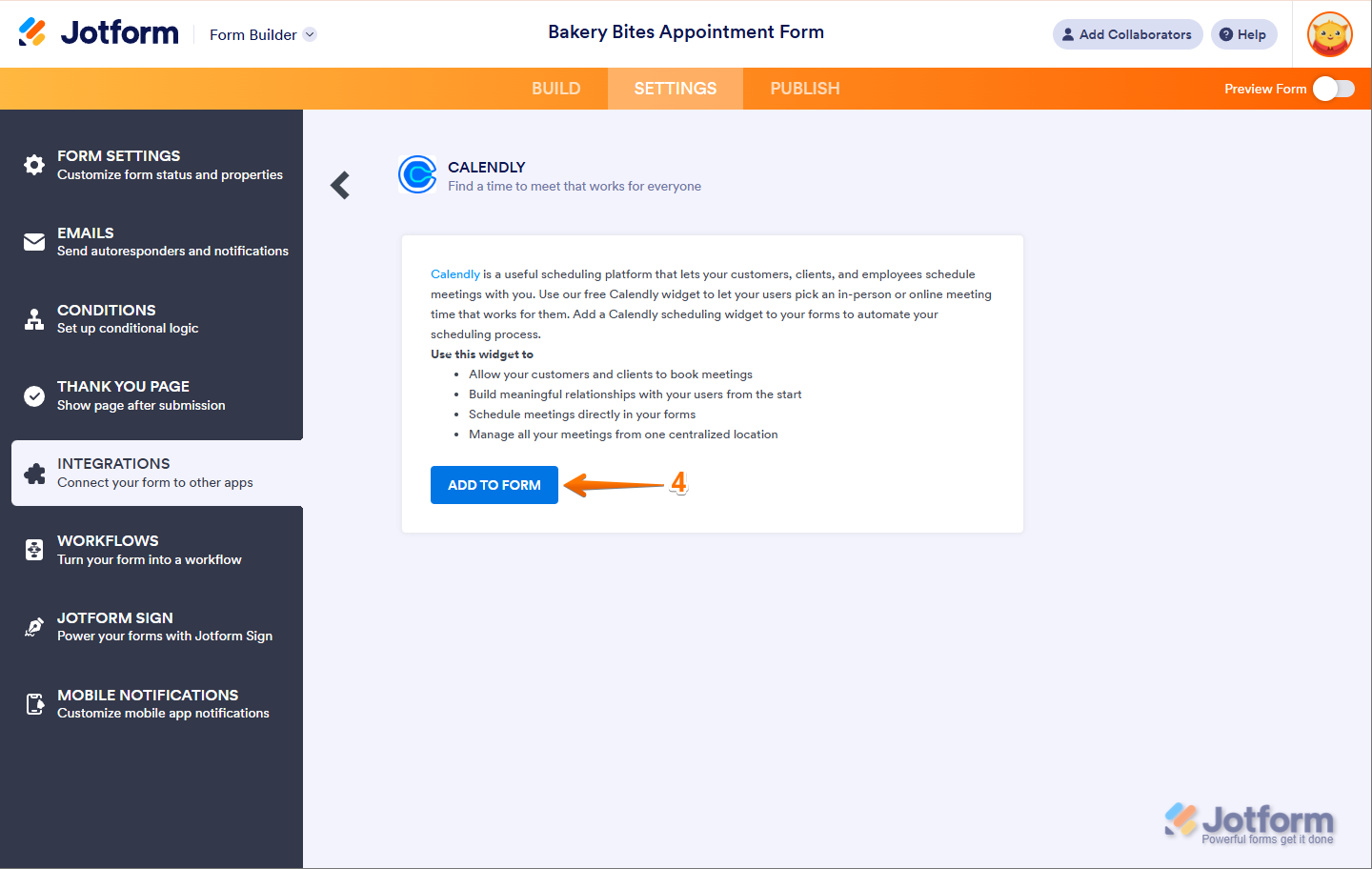 Haz clic en Agregar al Formulario para integrar Calendly en Jotform