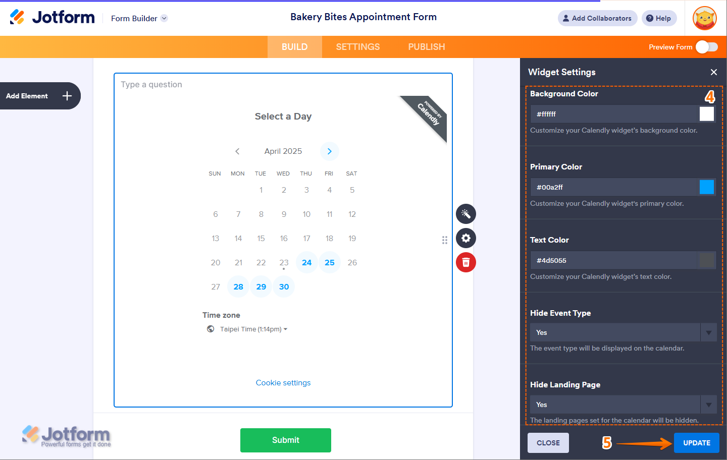 Personaliza el widget de Calendly en Jotform ajustando los colores de fondo, primario y del texto, ocultando tipo de evento, página de destino y banner GDPR, y configurando la altura del widget antes de hacer clic en Actualizar