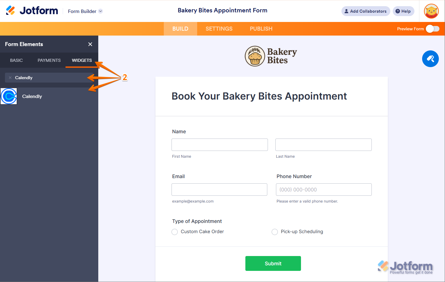 Buscar Calendly bajo la pestaña Widgets en el menú Elementos de Formulario en Jotform