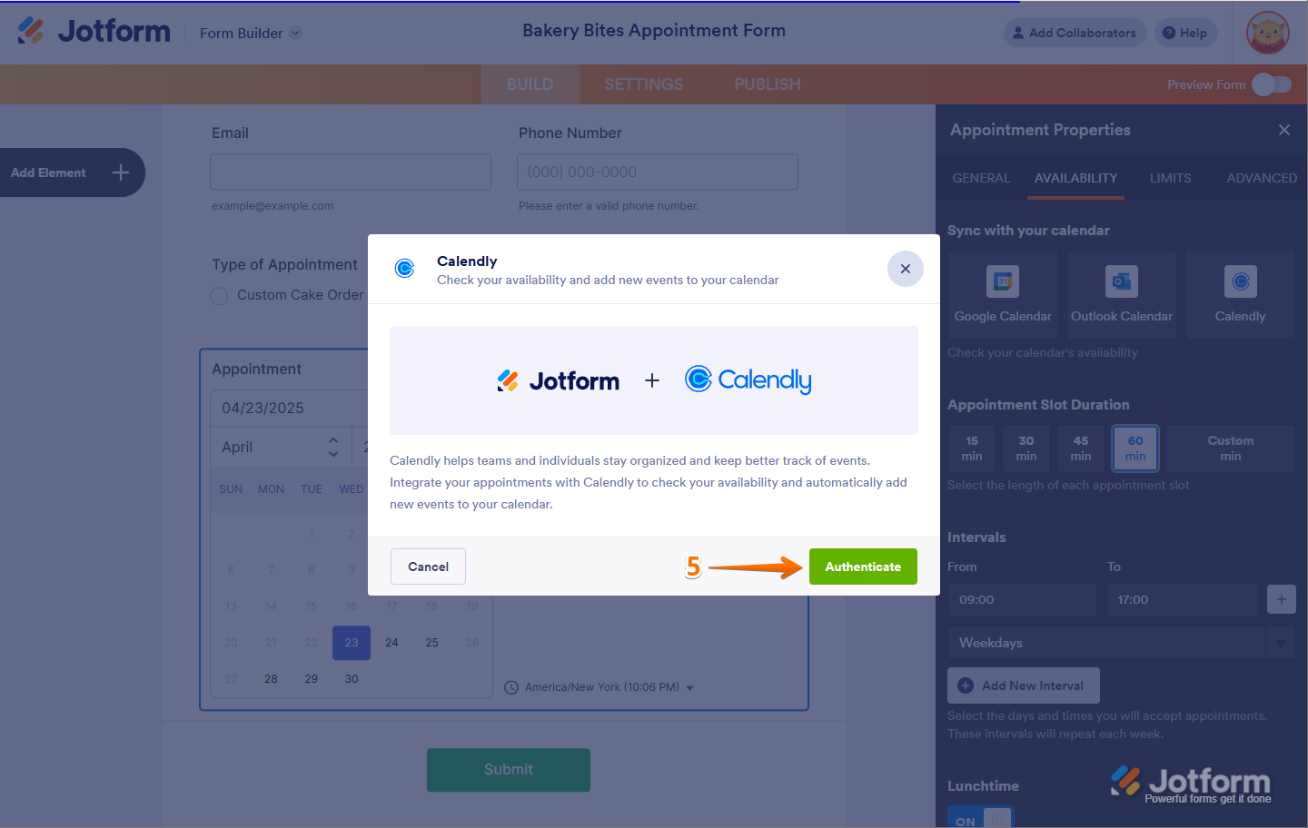 Click Authenticate to connect your Calendly account in Jotform