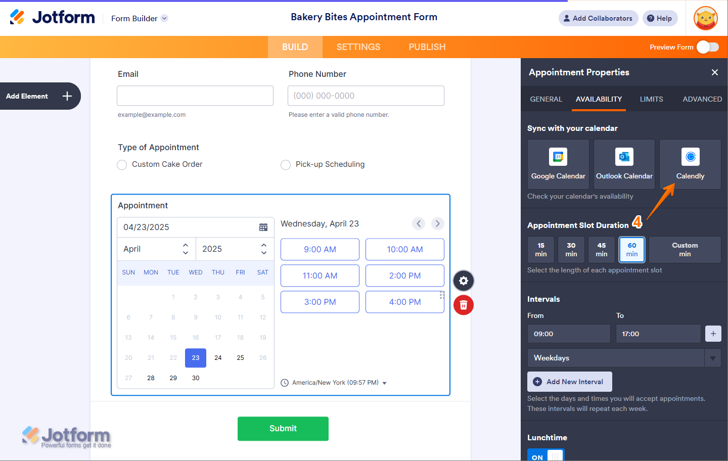 Click Calendly under Availability in Appointment Properties in Jotform