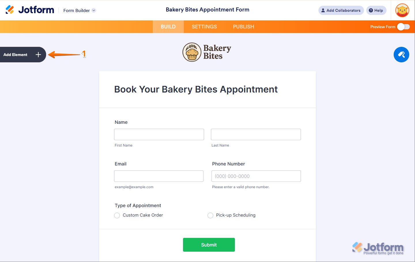 Clicking the Add Element menu in Jotform