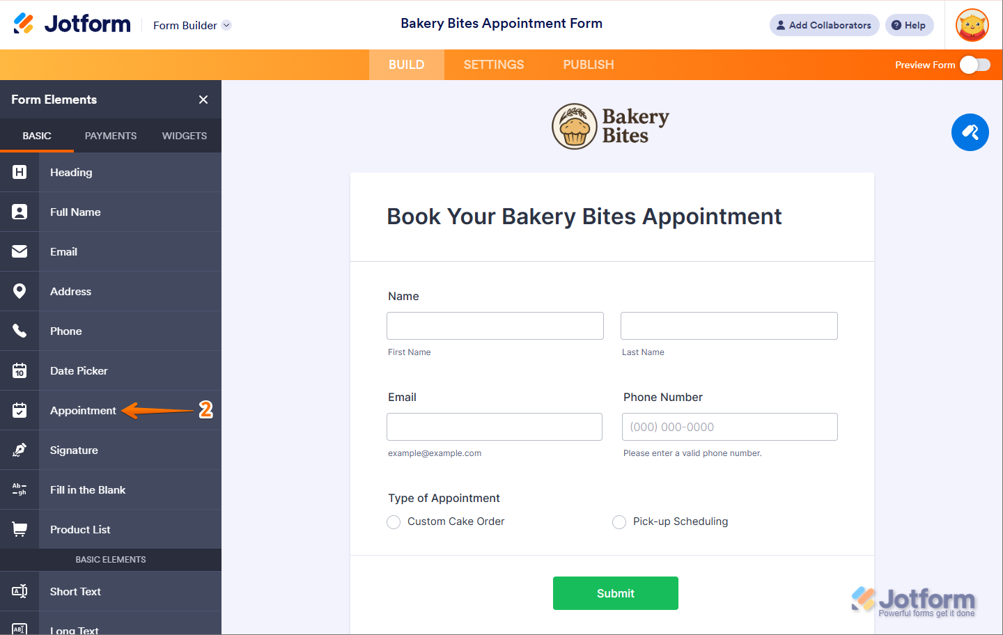 Clicking Appointment under the Basic tab in Jotform