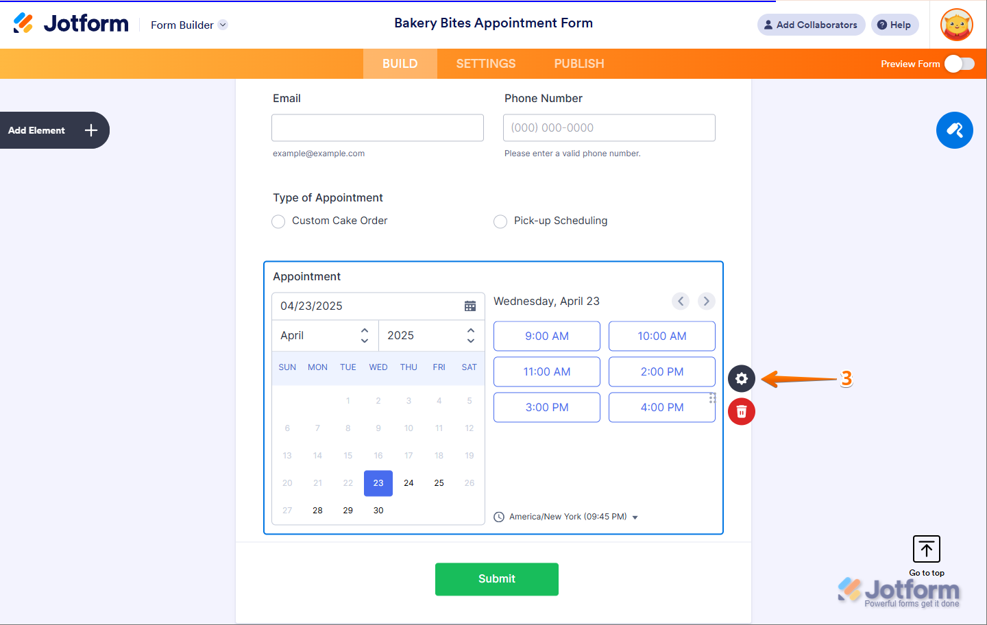 Clicking the Gear icon to open Appointment settings in Jotform.
