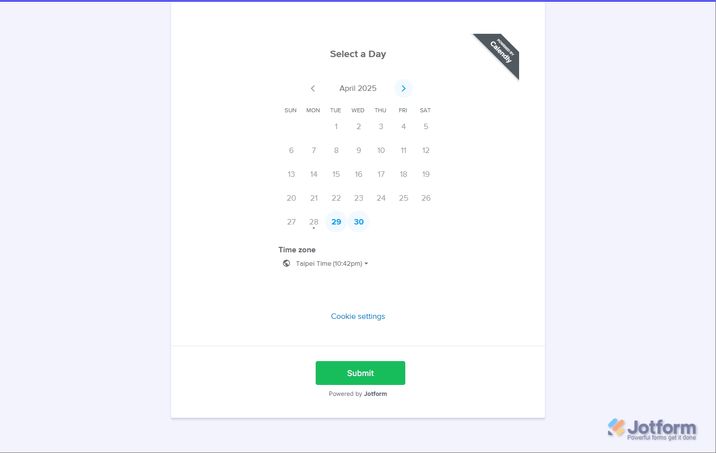 Calendly event calendar opens after clicking Select Date and Time in Jotform