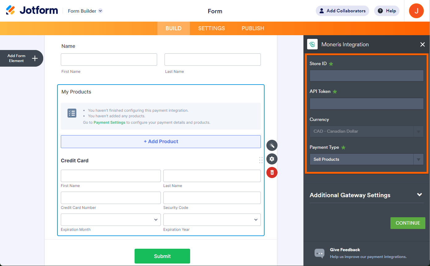 Payment Settings panel of the Moneris Integration showing the boxes for Store ID and API Token and the dropdowns for Currency and Payment Type