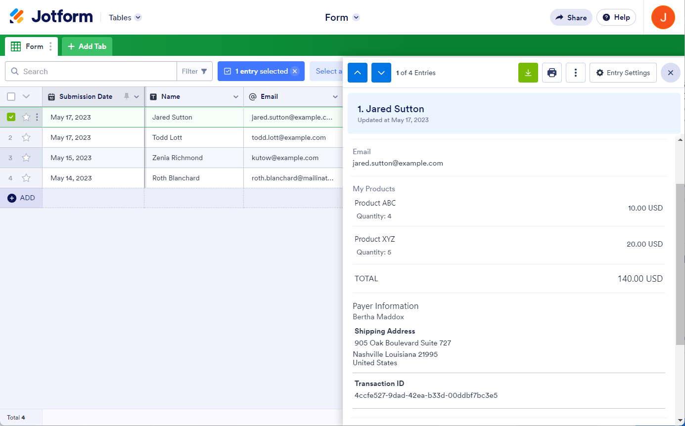Jotform Tables with the transaction details submitted in Paysafe form