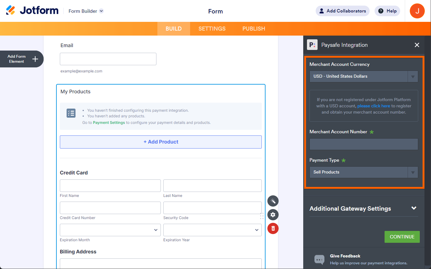 Payment Settings of the Paysafe integration in Jotform Form Builder