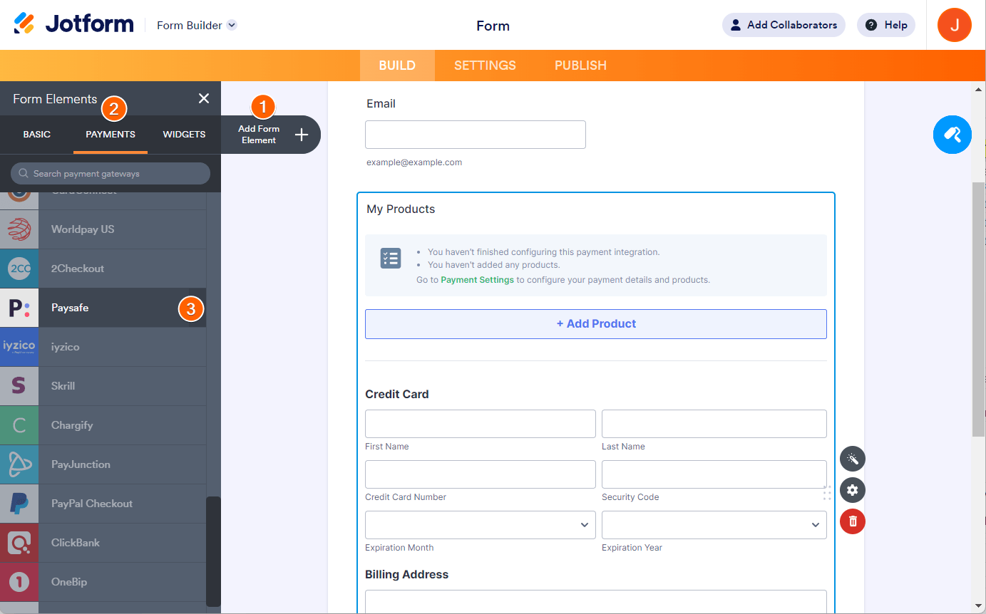 Jotform Form Builder with the Paysafe element added to the form