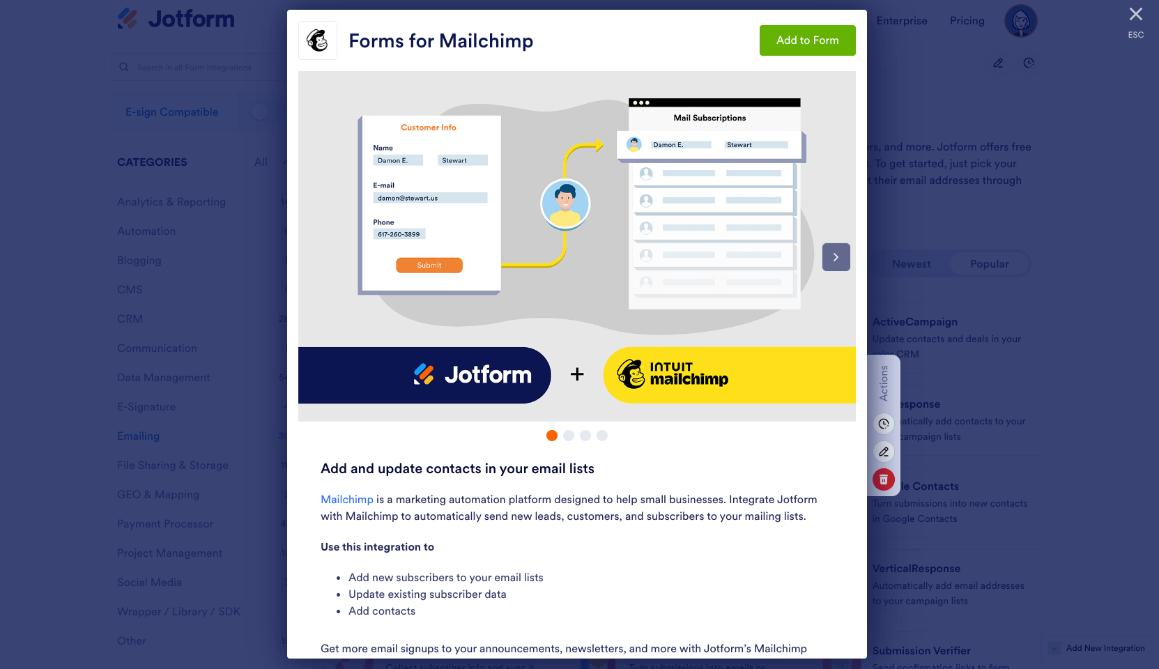 mailchimp integration page