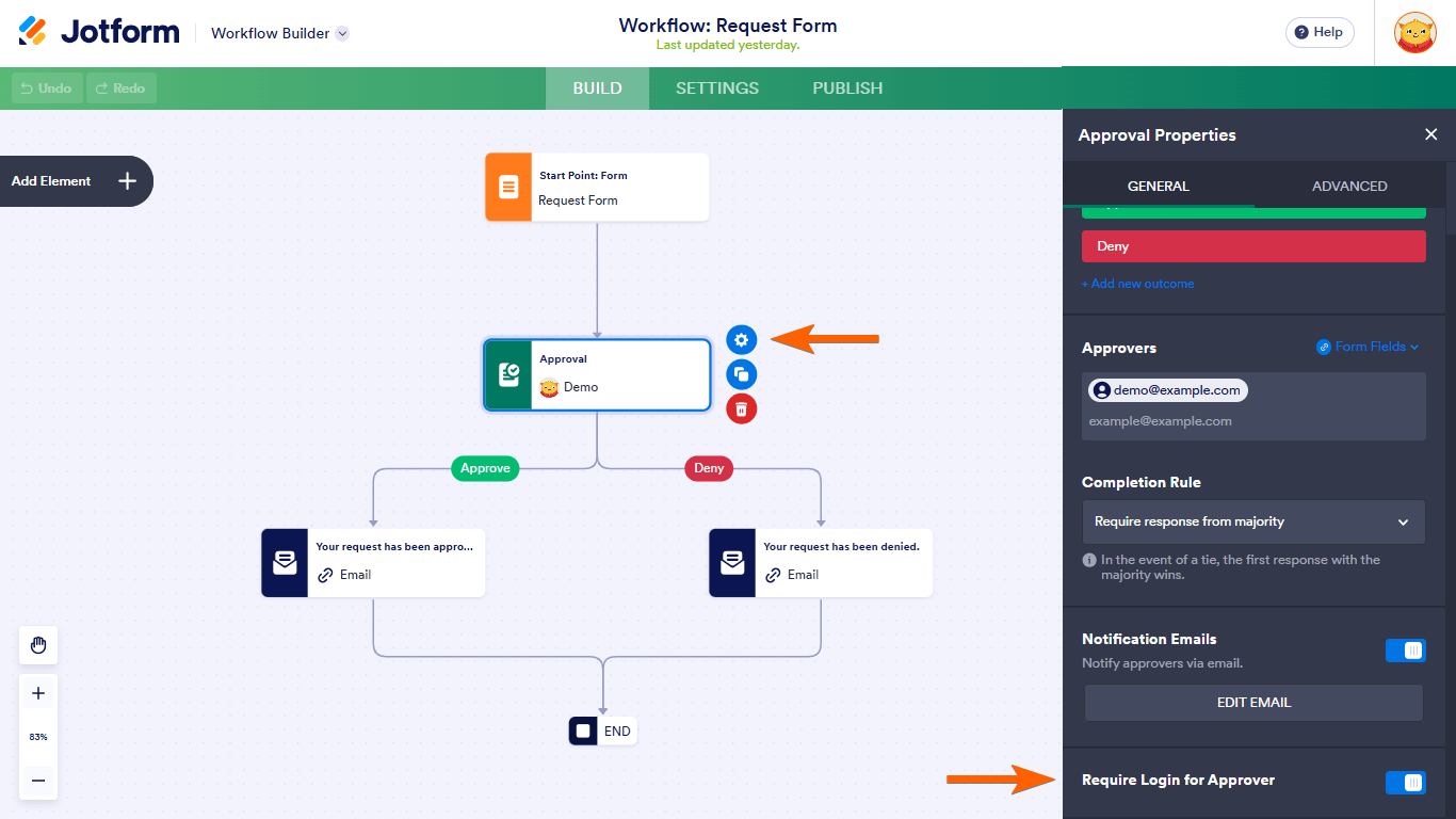 A Require Login option in a Jotform Workflows Approval element