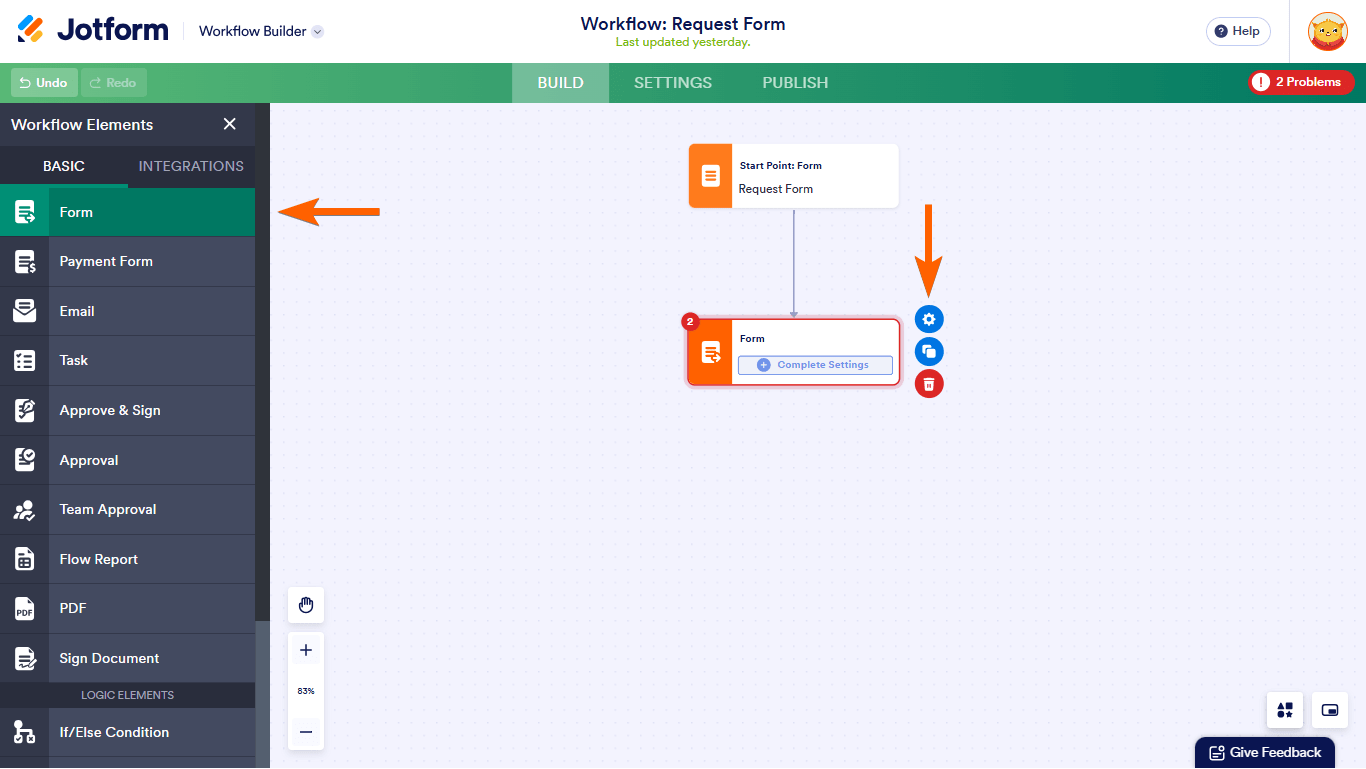 A Form element's gear icon in Jotform Workflows