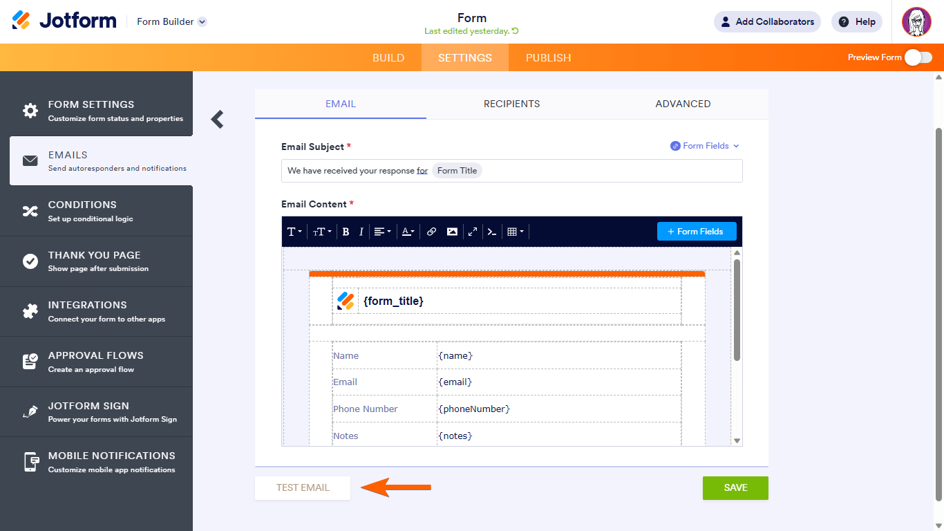 The Test Email button in Jotform Form Builder's Autoresponder
