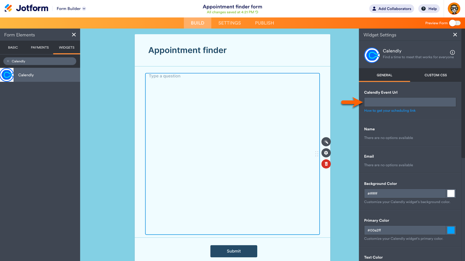 Screenshot depicting the setup of the Calendly widget in Jotform