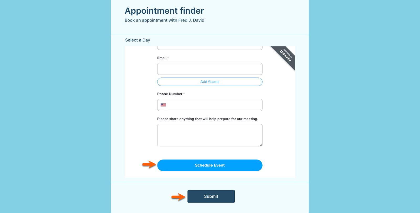 Image showing a Jotform with two different buttons after adding the Calendly widget