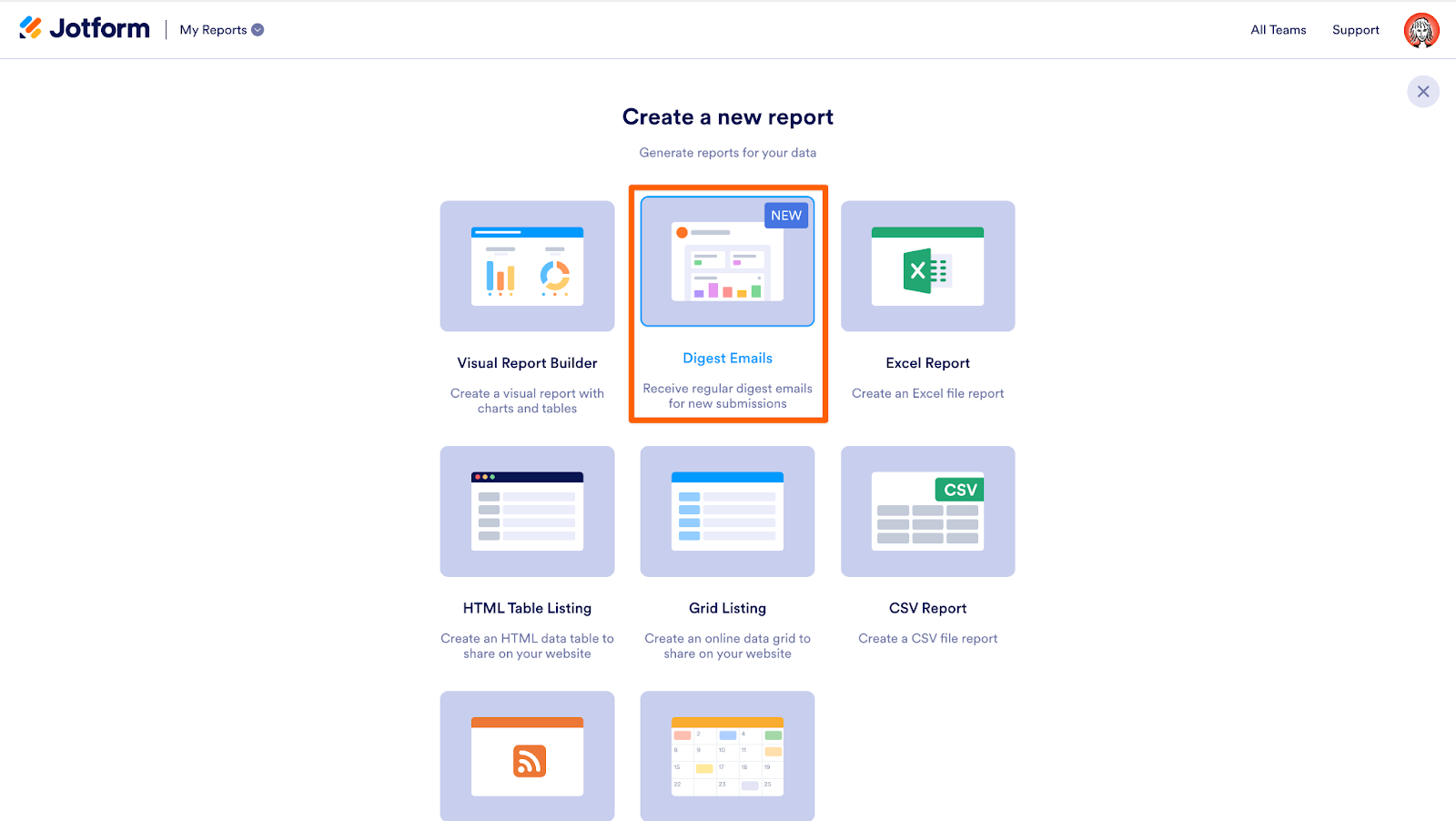 Image shows the 'My Reports' section and instructs to click on 'Create New Report', then select 'Digest Emails' from the options presented