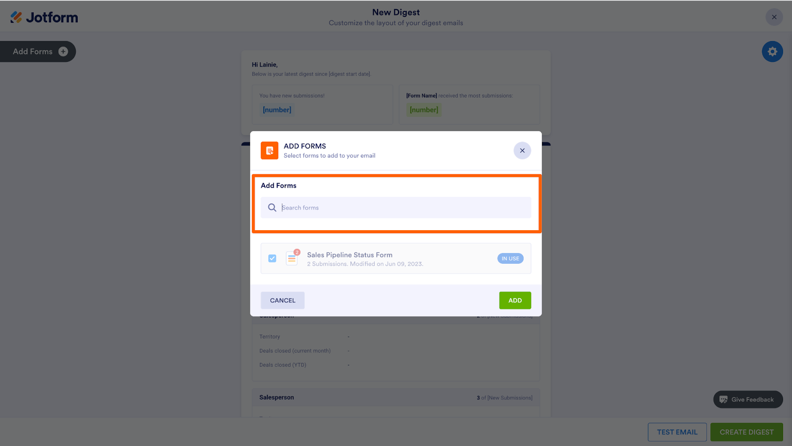The image indicates how this feature allows users to search for and add related forms to their digest email