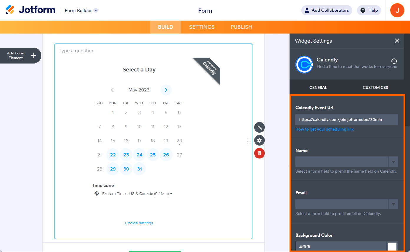 Image showing the final step of adding the Calendly widget to a Jotform form