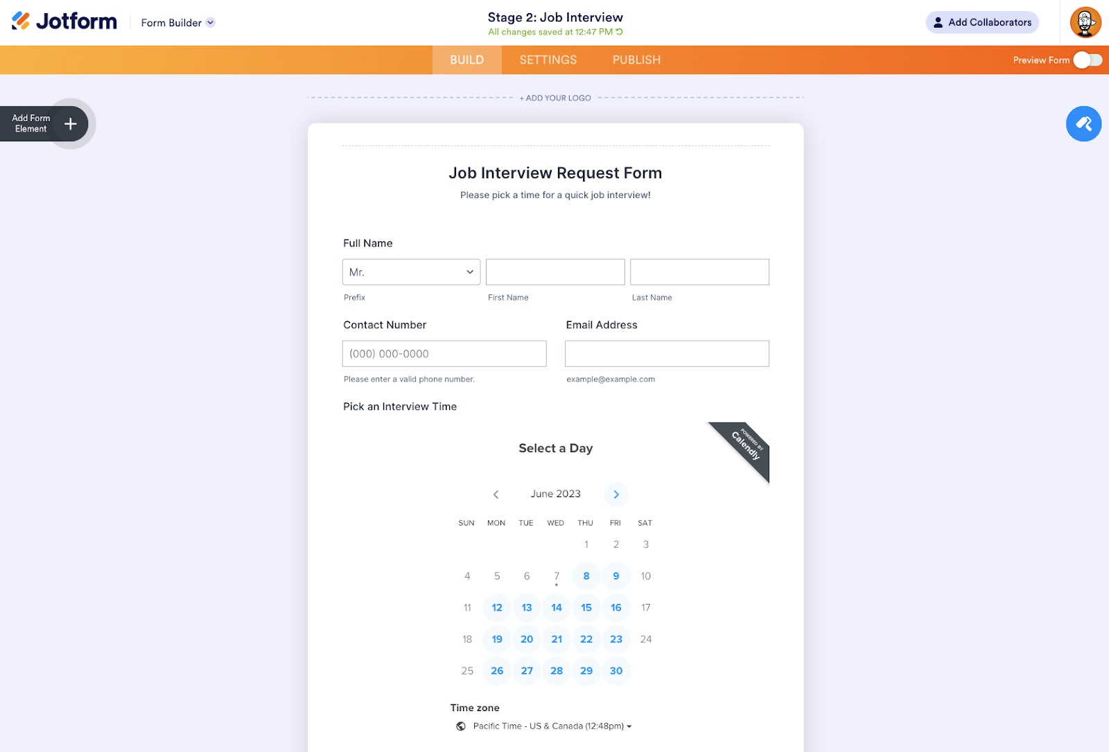 Image illustrating the creation of an interview scheduling form using the Calendly widget