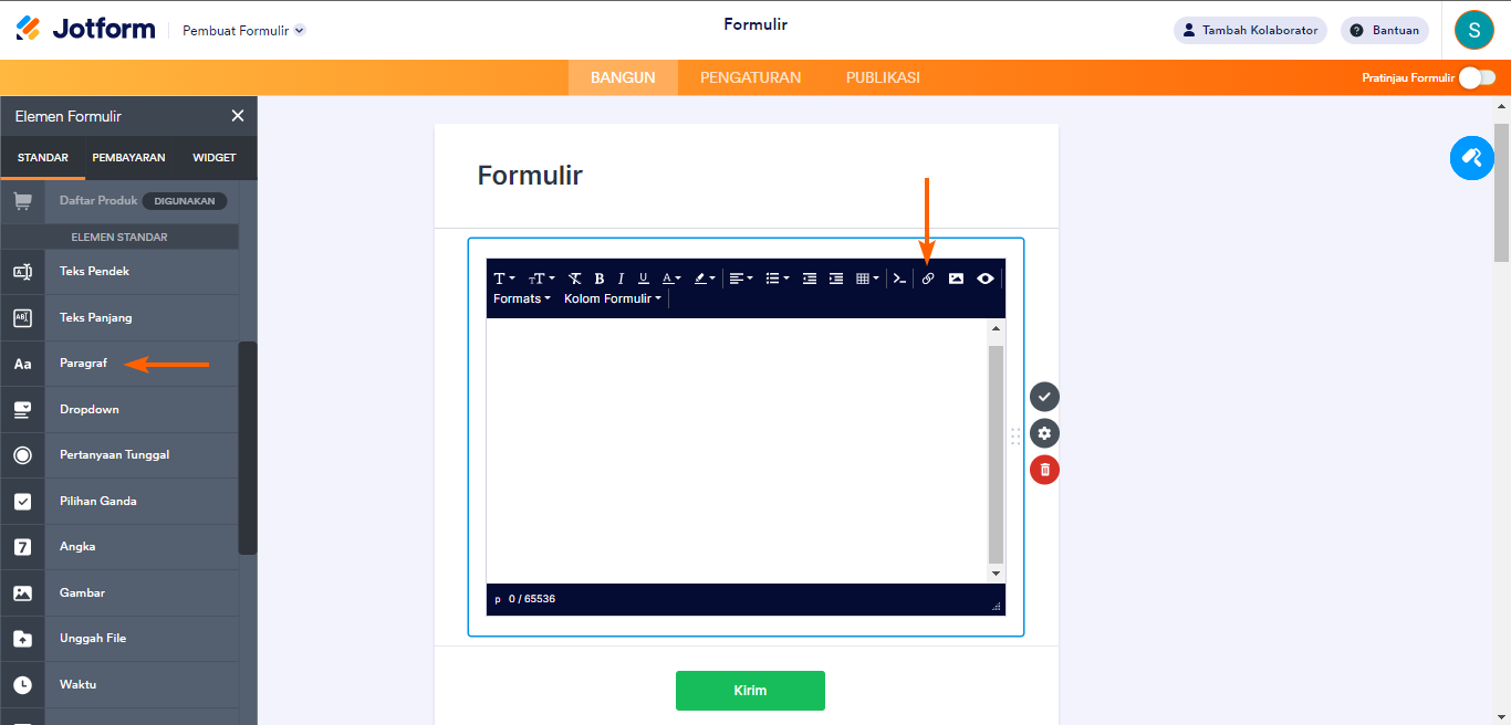 Sisipkan/edit tautan juga di elemen Paragraf Pembangun Formulir Jotform