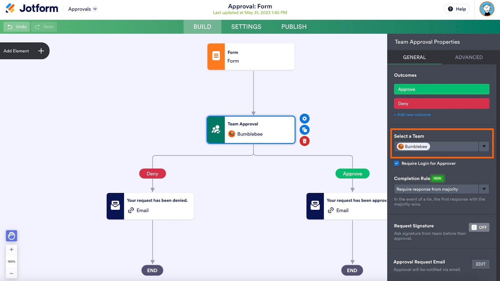 The user interface shows an approval flow chart with a Team Approval element added