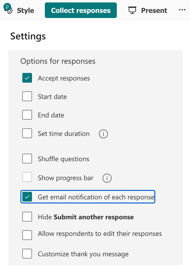 An image depicting a user interface with a selection option marked 'Get email notification of each response', suggesting that users can choose to receive updates via email for each response they get