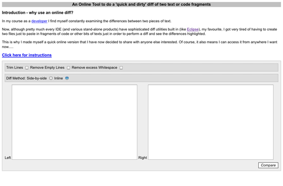user interface of quick diff online tool