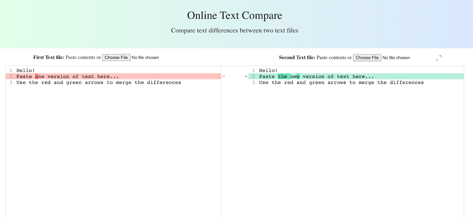 user interface of online text compare