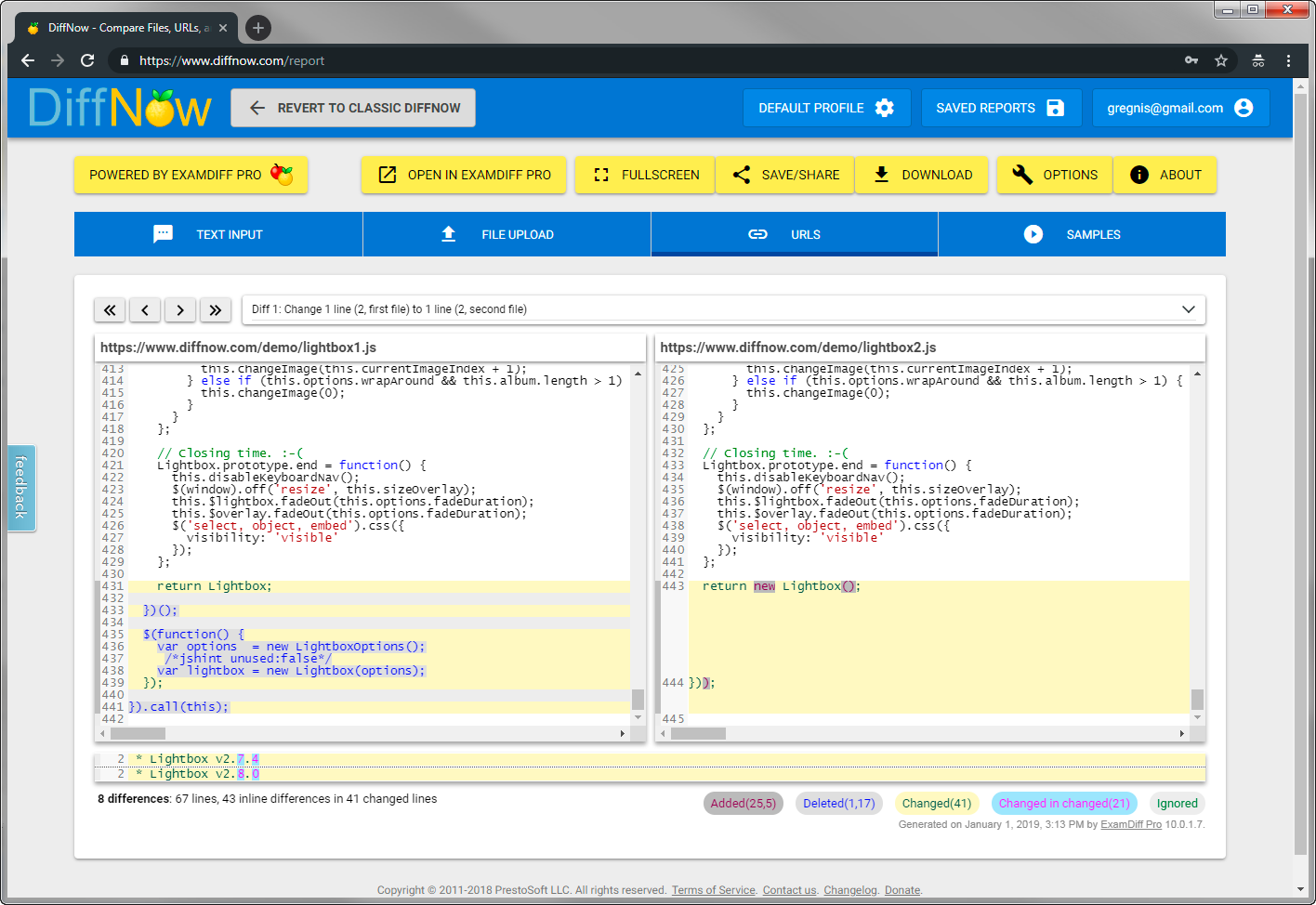 user interface of diffnow
