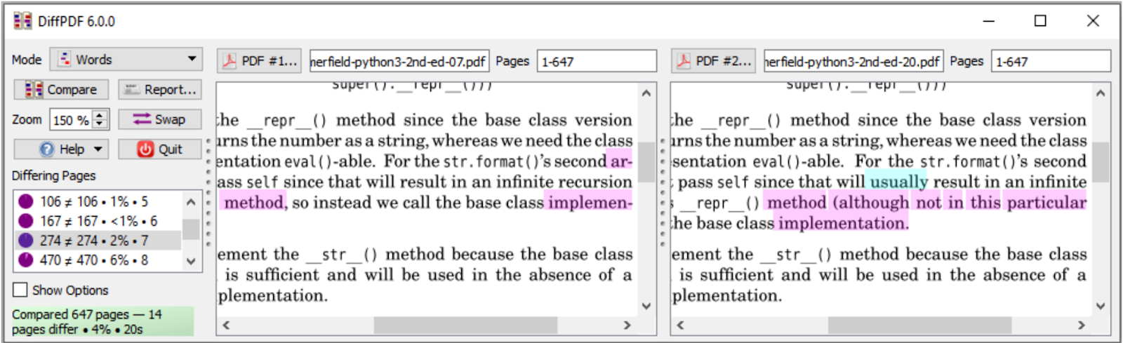 user interface of diffpdf