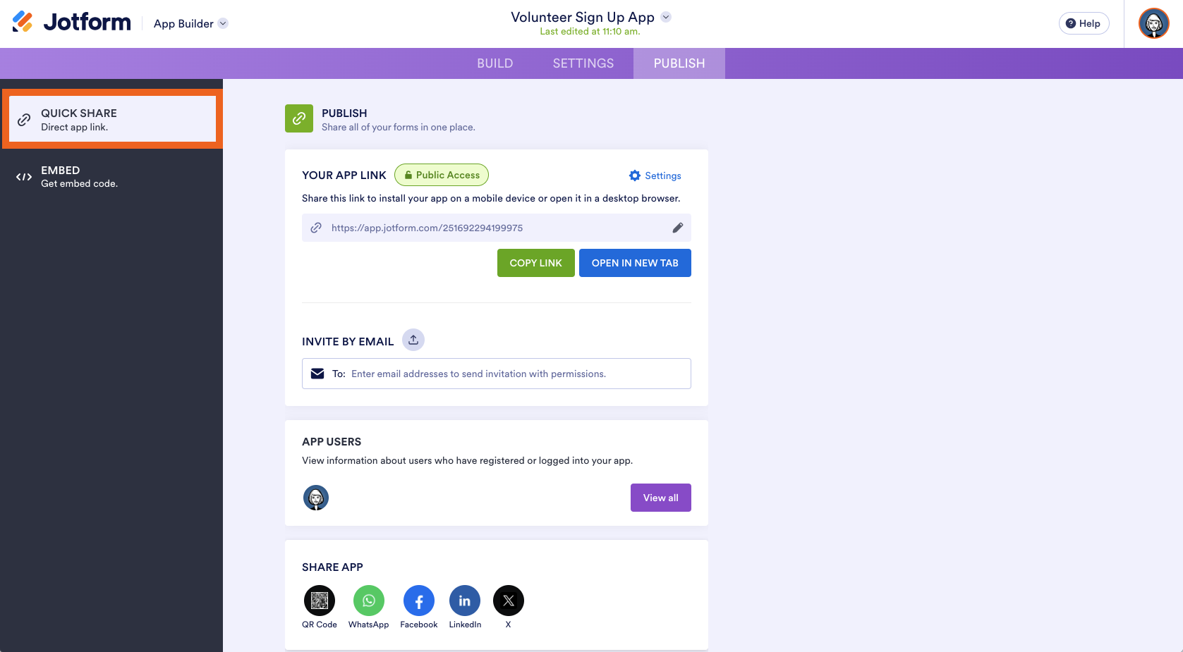 Clicking on the Quick Share tab on the Publish page on Jotform App Builder