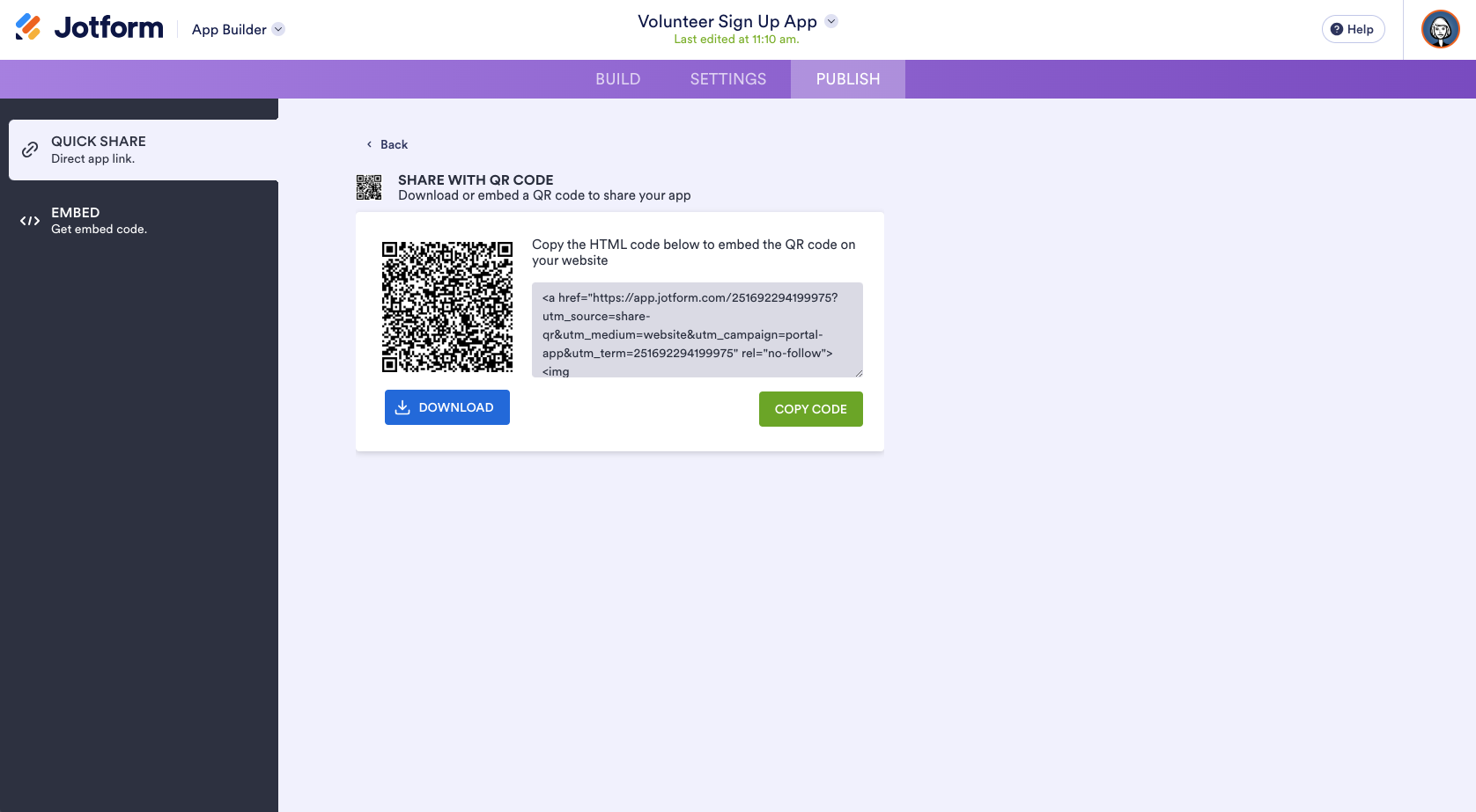 Share with QR Code page on Jotform App Builder