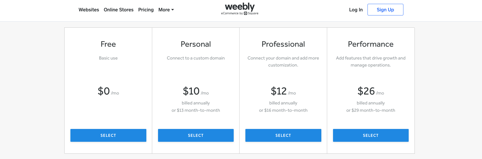 Screenshot of Weebly Pricing Page