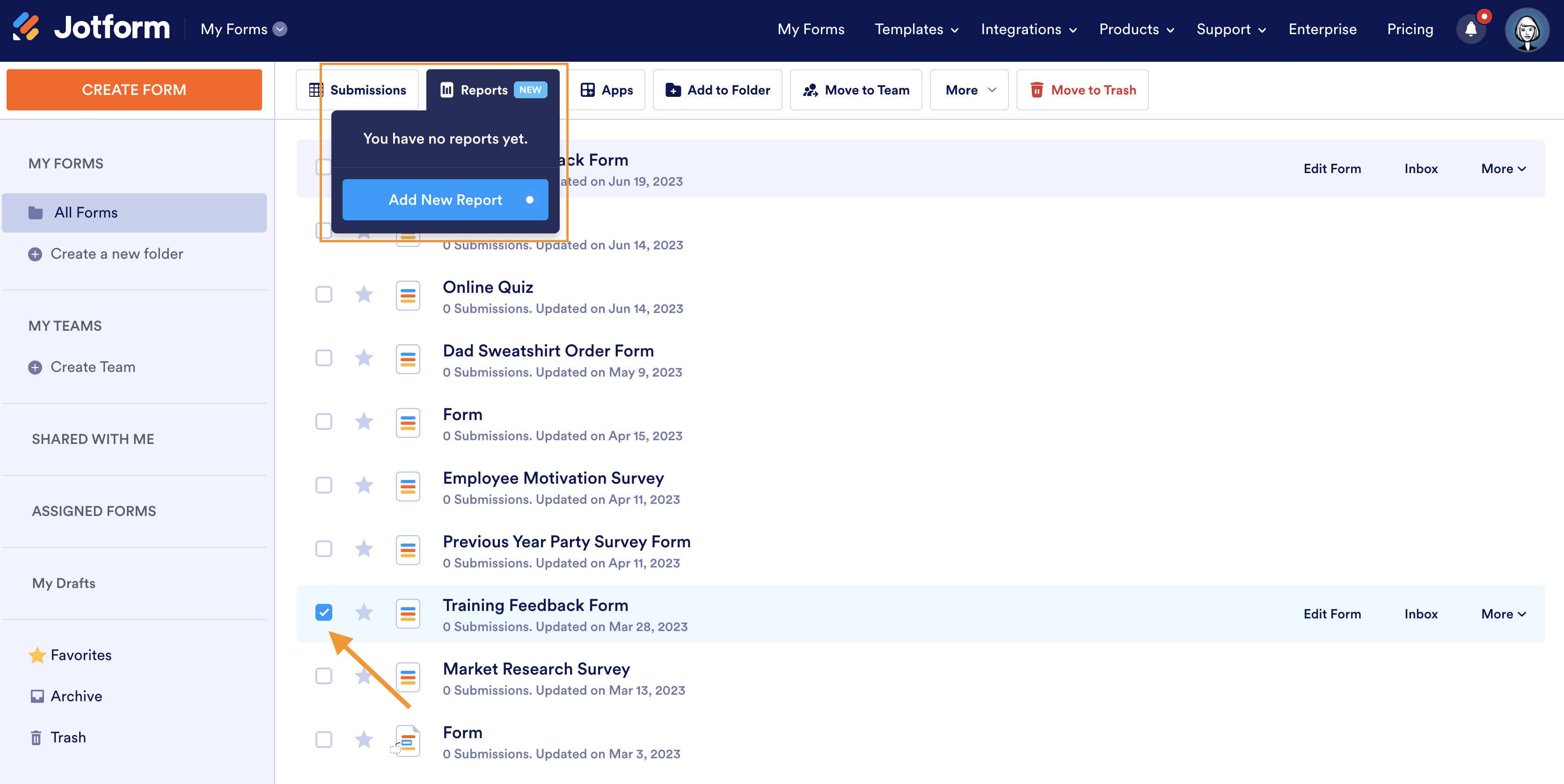 Image showing the process of accessing the digest emails feature through the 'My forms' homepage