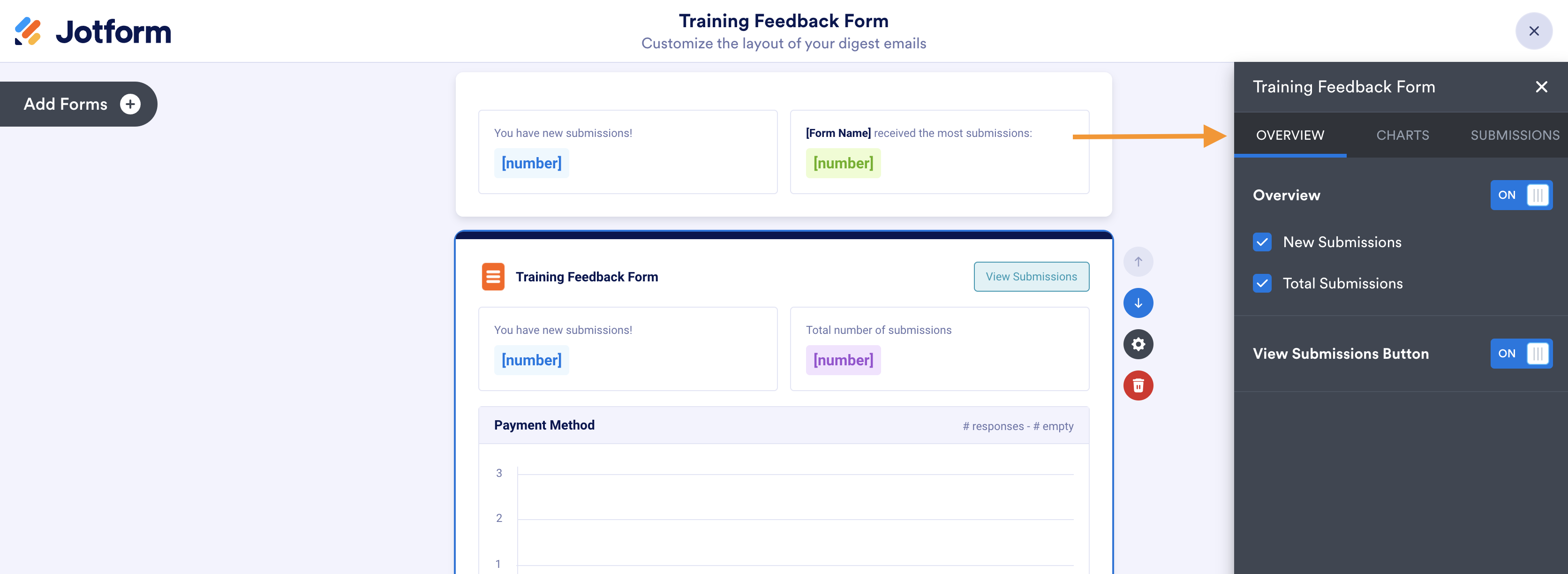 Screengrab demonstrating how to adjust visibility of the form overview in a digest email
