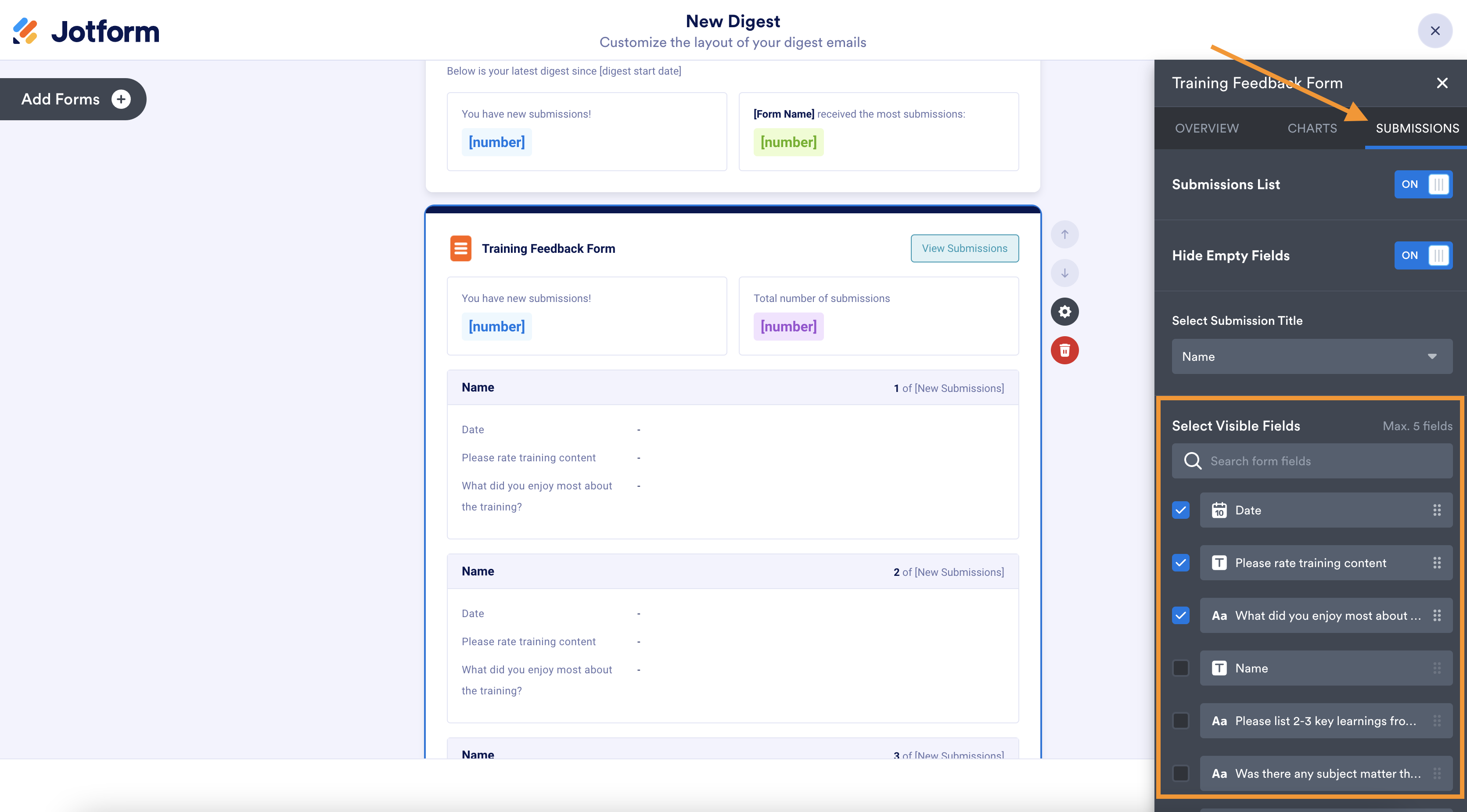 Screenshot illustrating the process of accessing the Submissions tab in the digest email settings