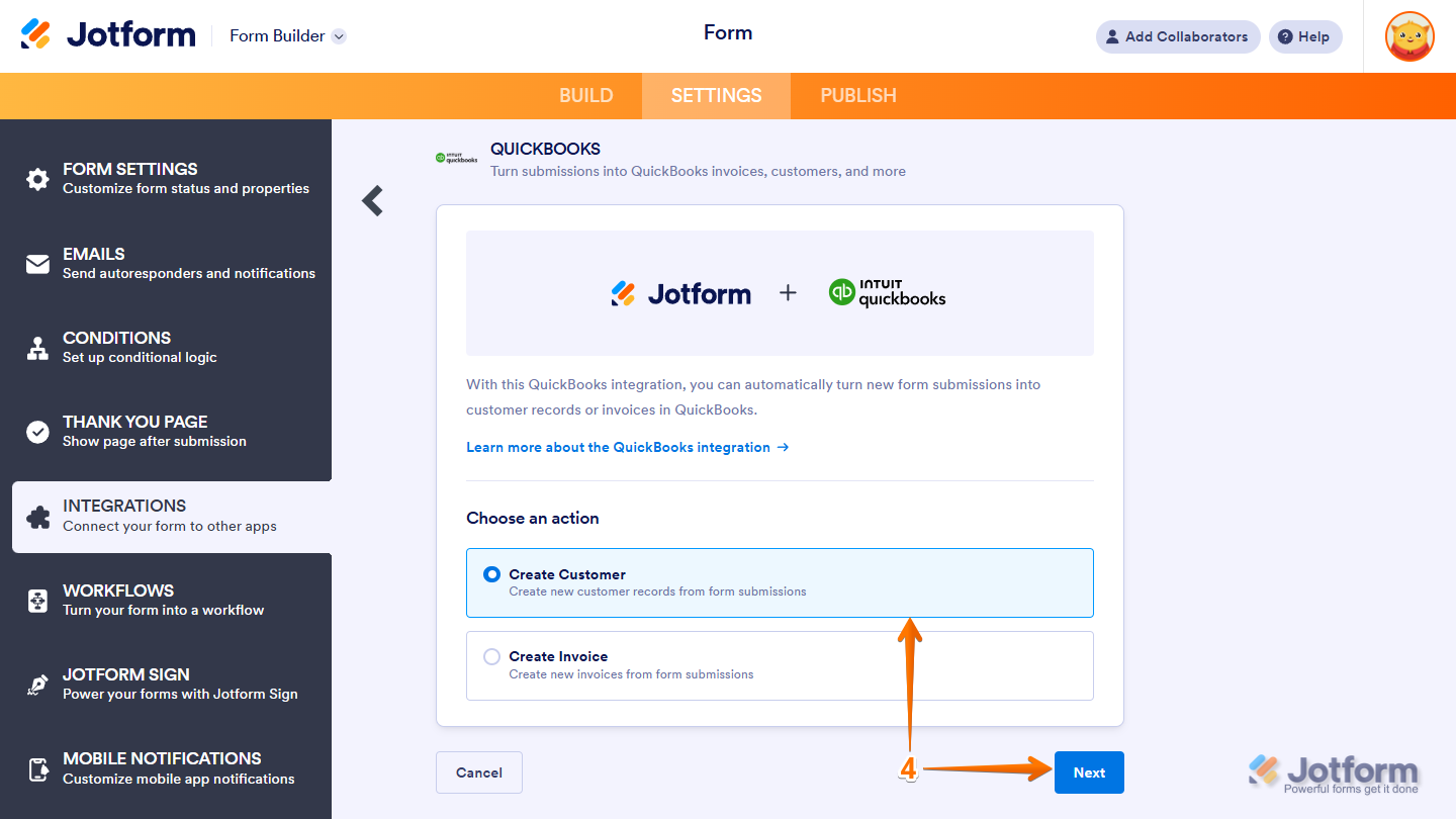 Choose an Action section of the QuickBooks integration in Jotform