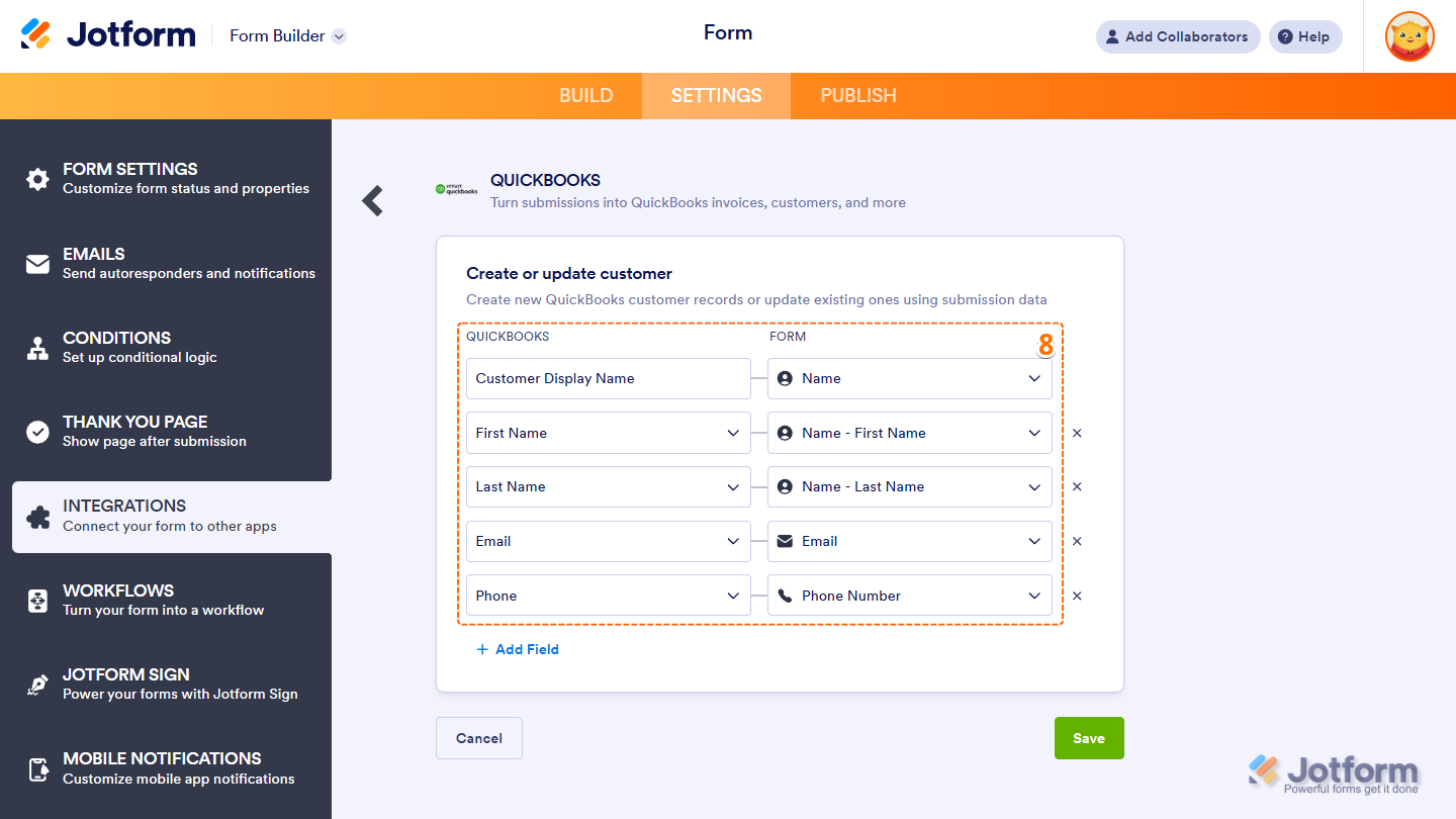 Create or Update Customer section in Jotform's QuickBooks integration to map QuickBooks and Jotform fields