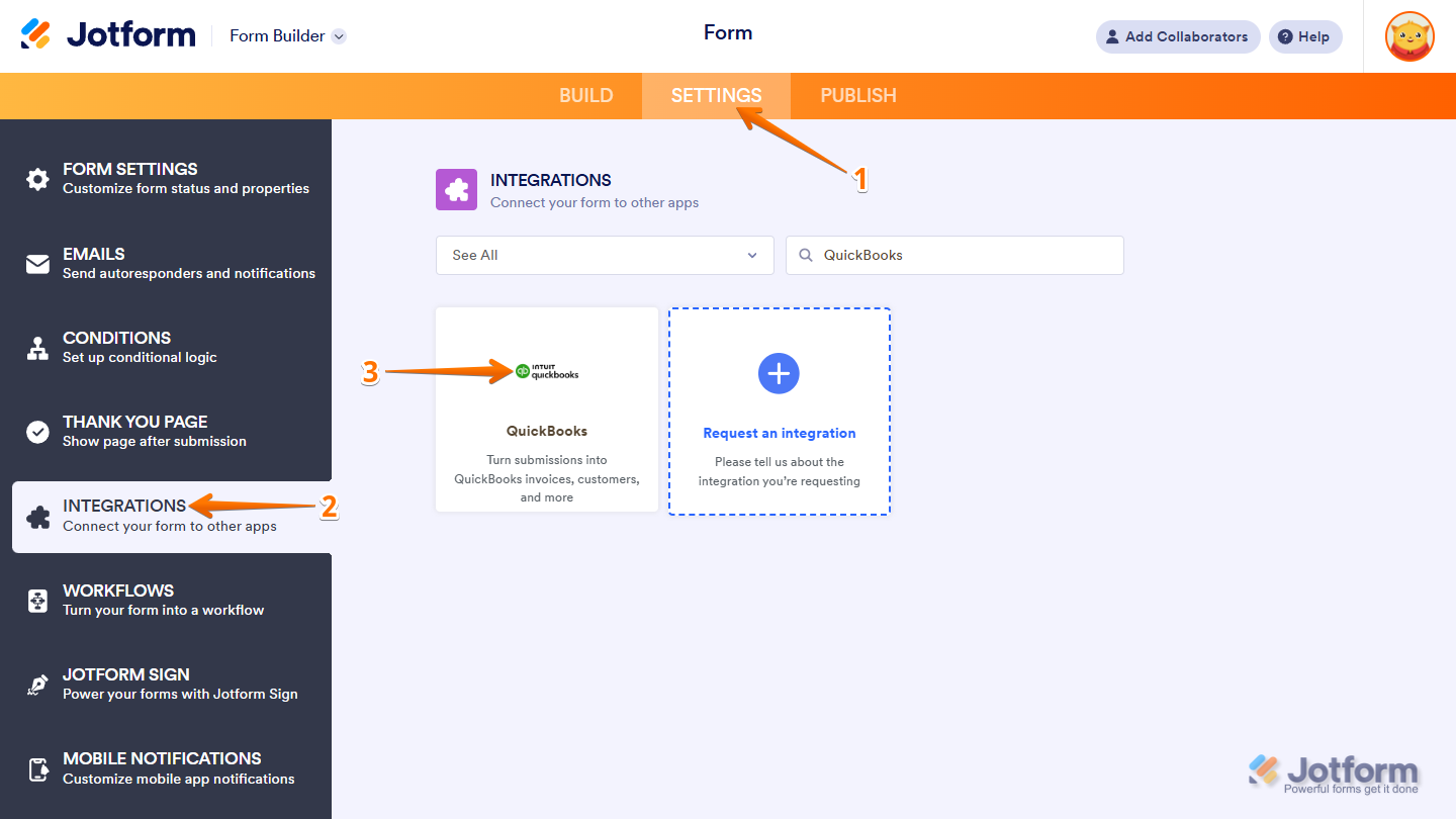 QuickBooks integration option in Jotform Form Builder