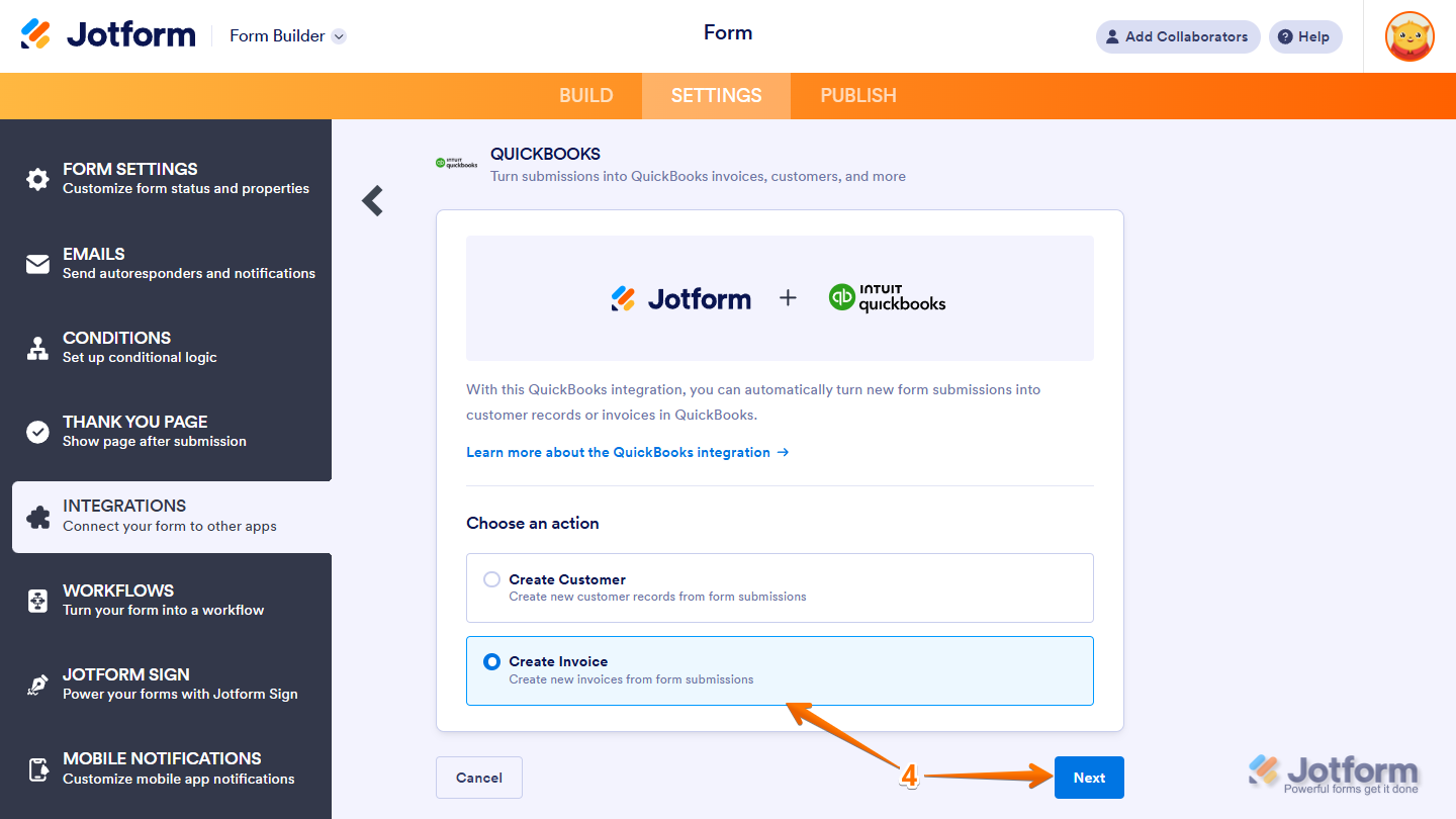 Choose an Action section in Jotform's QuickBooks integration