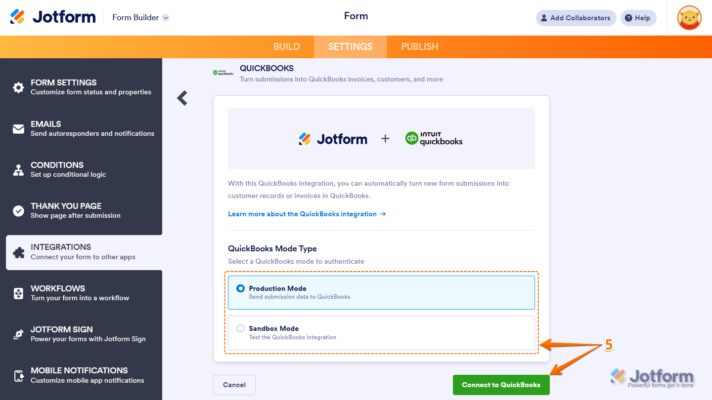 QuickBooks Mode Type section in Jotform's QuickBooks integration
