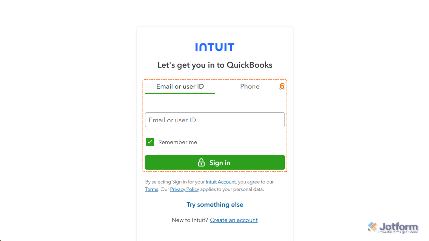 QuickBooks login screen