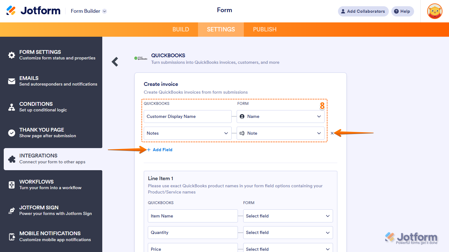 Create Invoice section with QuickBooks and Jotform Form Fields mapper