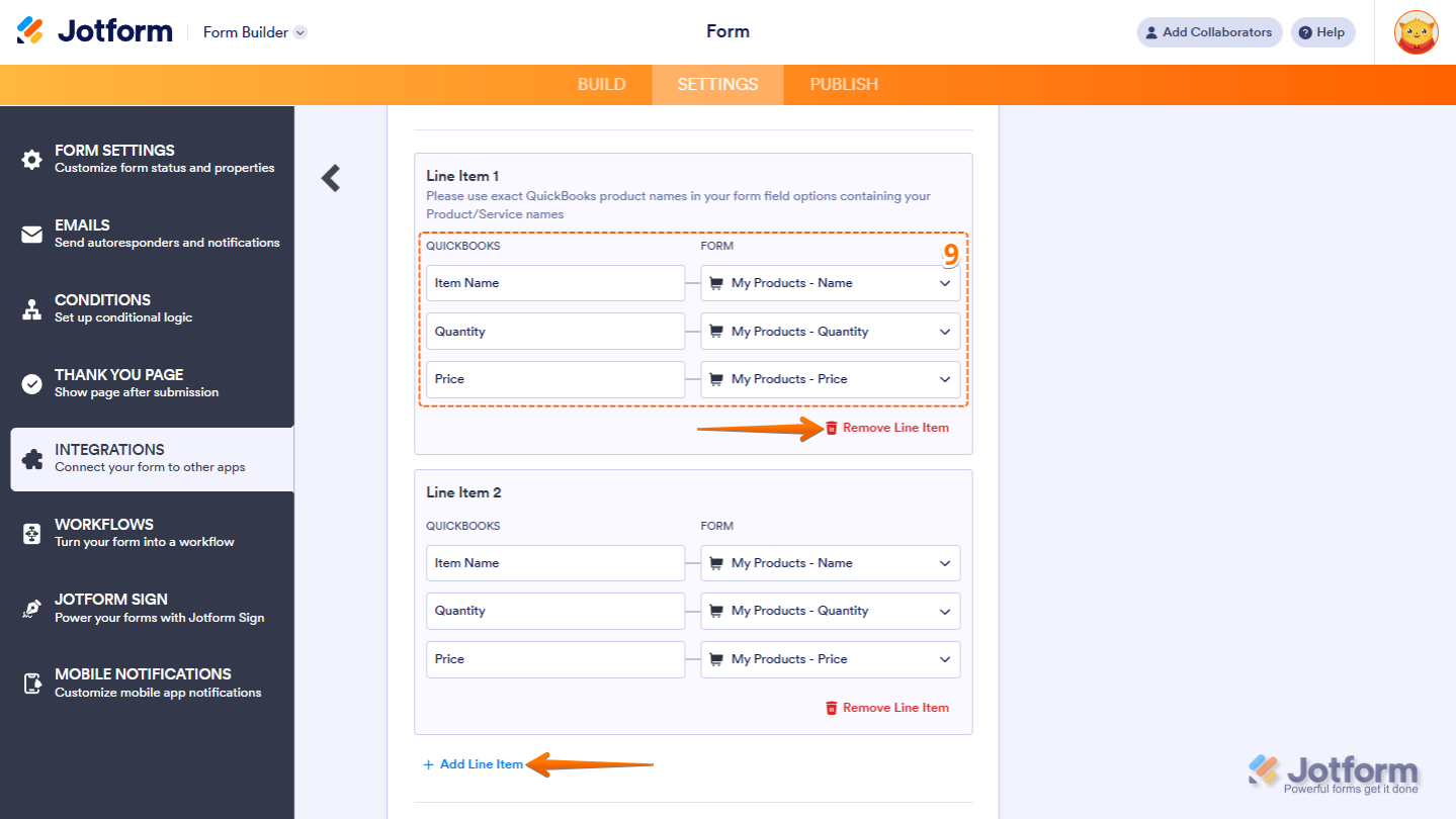 Line Item mapper in Jotform's QuickBooks integration