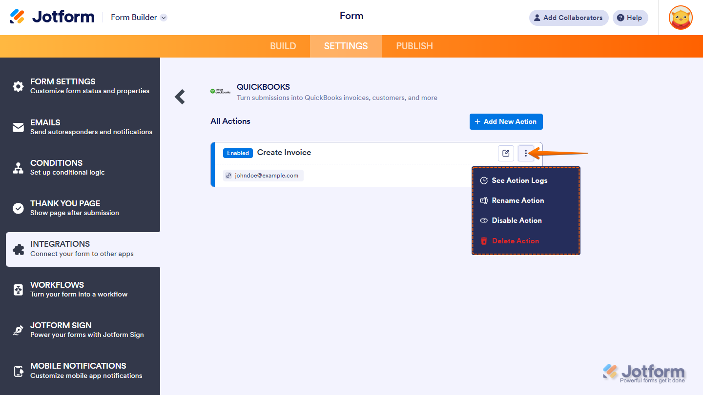 Action options in Jotform's QuickBooks integration